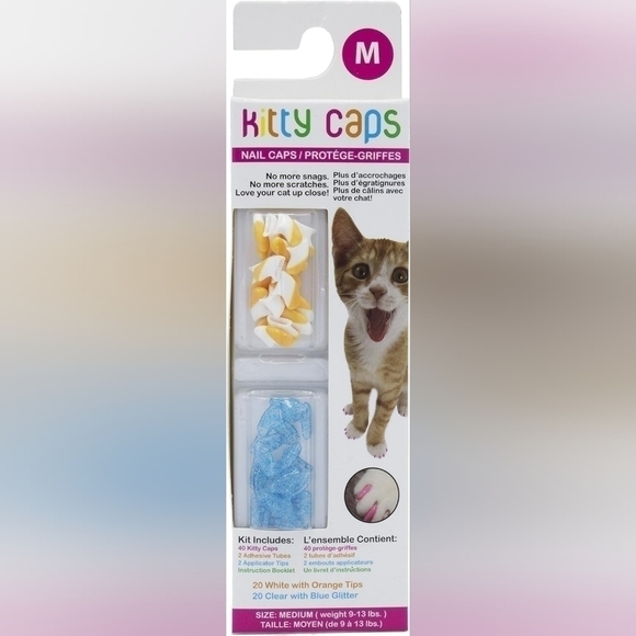 Kitty Caps Nail Caps for Cats, Medium (9-13 lbs), White w Orange & Clear w blue - Picture 1 of 2